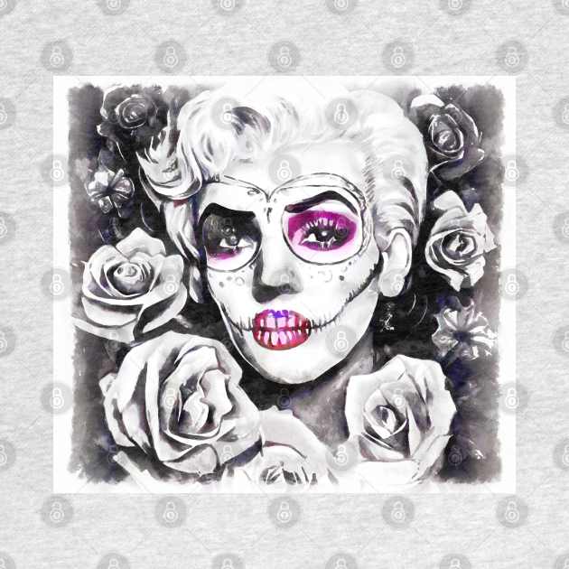 Retro sugar skull blonde with roses black and white by AnnArtshock